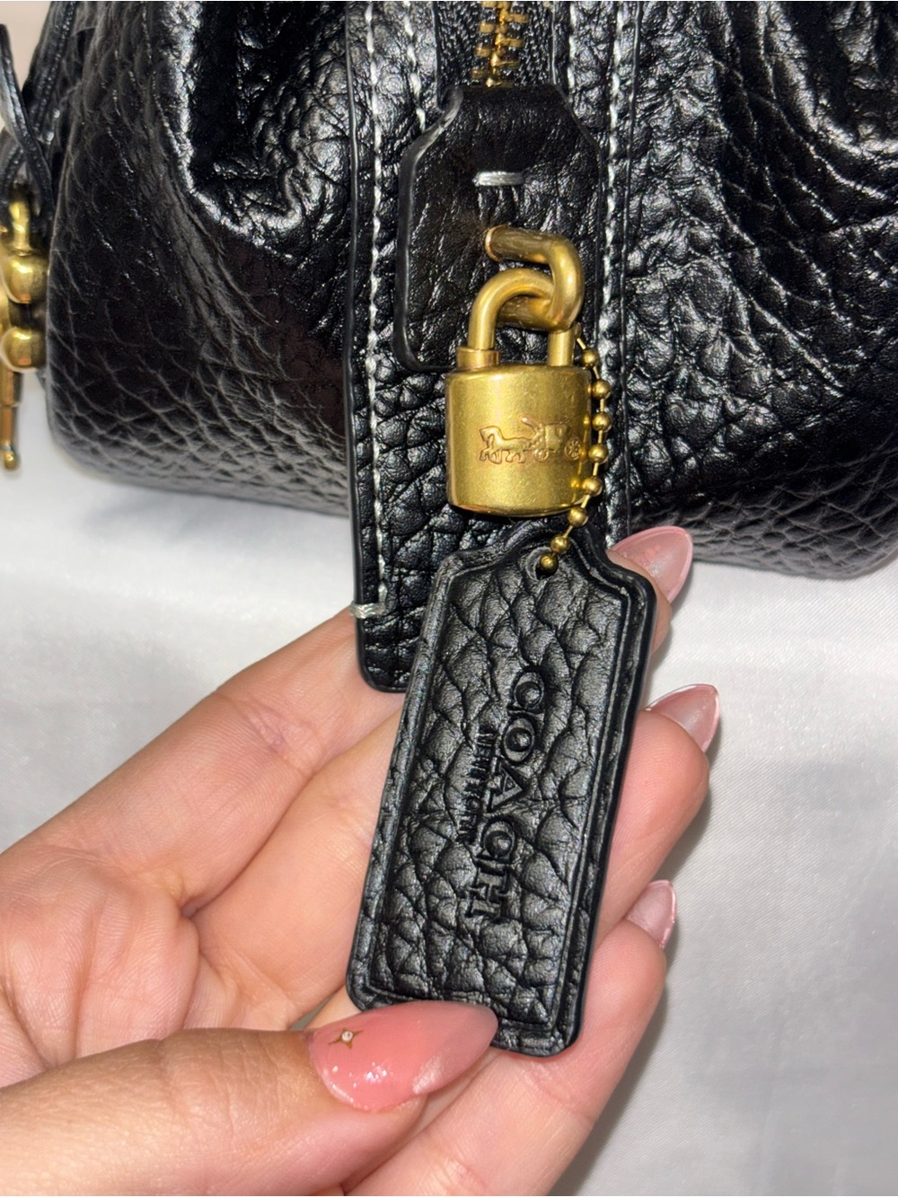 Coach Drifter Black Pebbled Leather Shoulder Bag with Gold Padlock